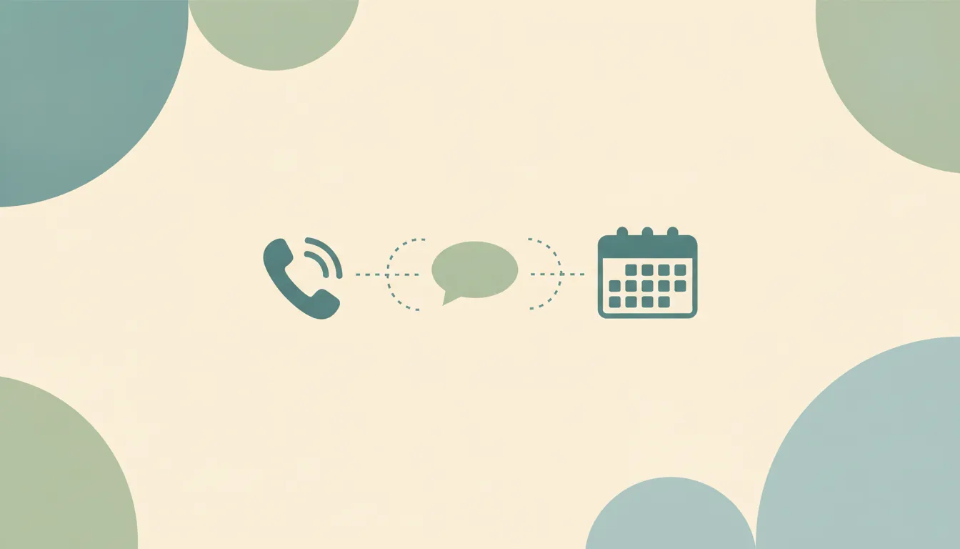 A phone handset with sound-wave arcs pointing out one way, linked by dotted arcs to a message bubble and a calendar over soft layered circles