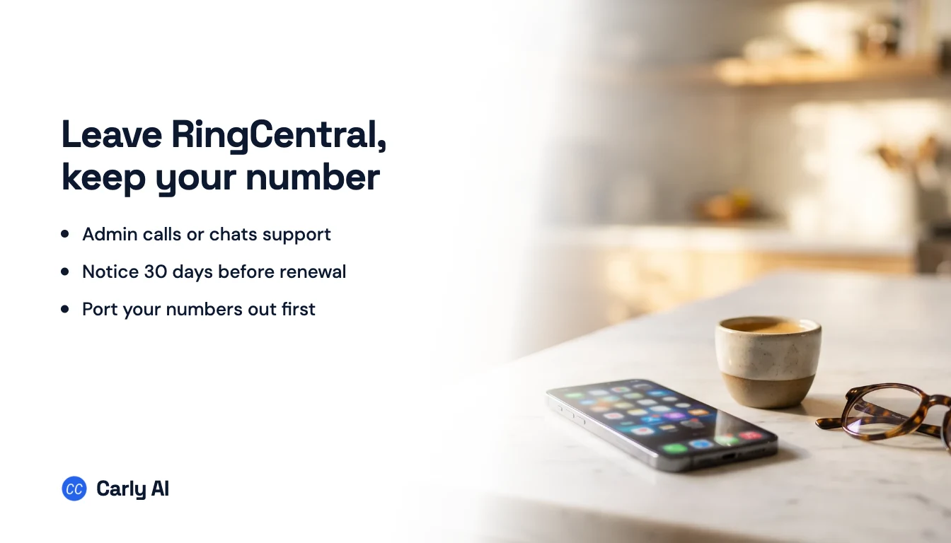 A phone on a marble counter, beside the headline Leave RingCentral, keep your number
