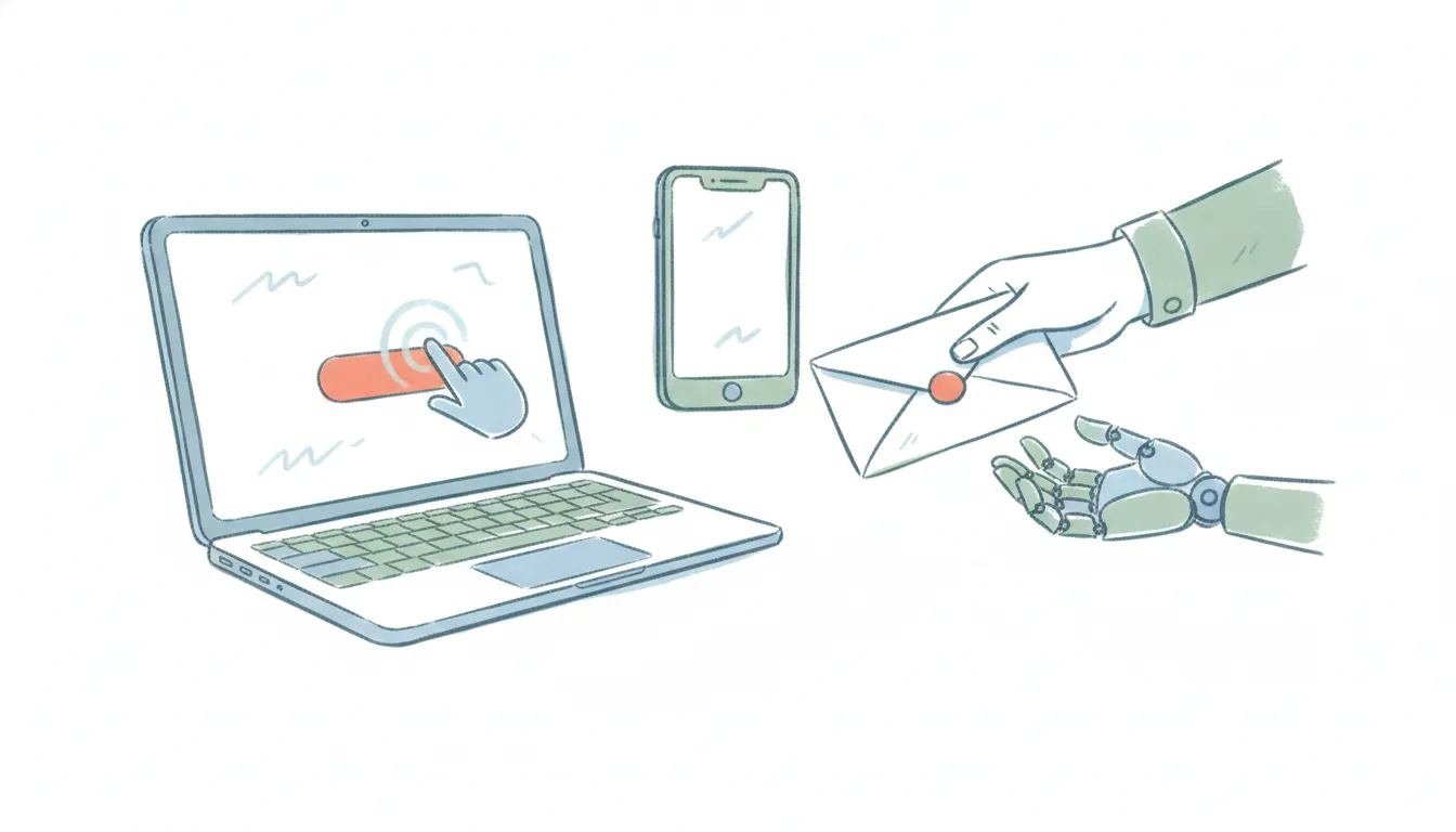 A laptop with a glowing cursor-halo assistant on screen on one side, and an envelope handed to a small robot hand on the other, comparing Carly AI and Clicky