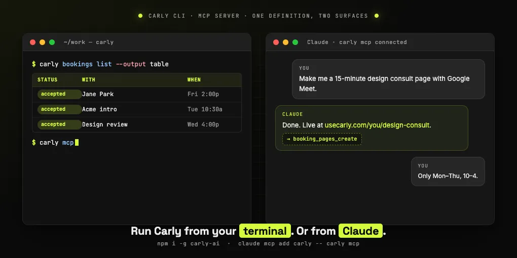 Terminal window with command line prompts launching a scheduling assistant alongside a calendar and AI sparkle icon