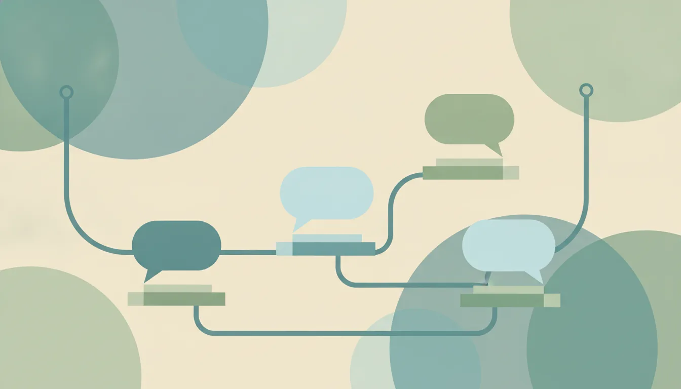Several rounded chat bubbles on raised tiles, one larger and highlighted, connected by curved paths, over soft layered circles