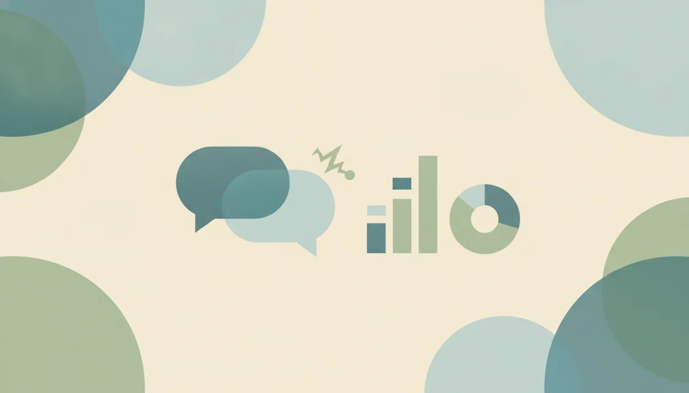 Abstract chat bubbles branching into a resolved path and an escalation path beside a rising resolution-rate curve, representing chatbot statistics