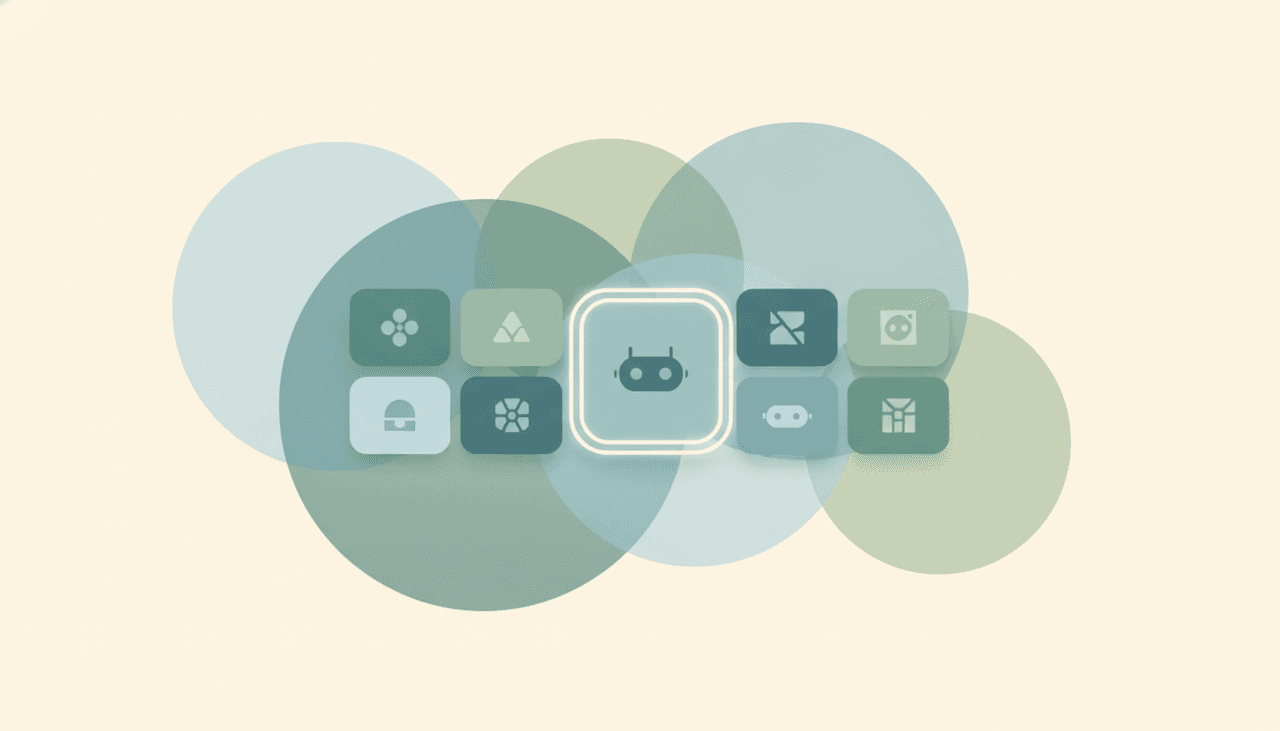Grid of pastel app icons with one AI assistant icon highlighted in the center