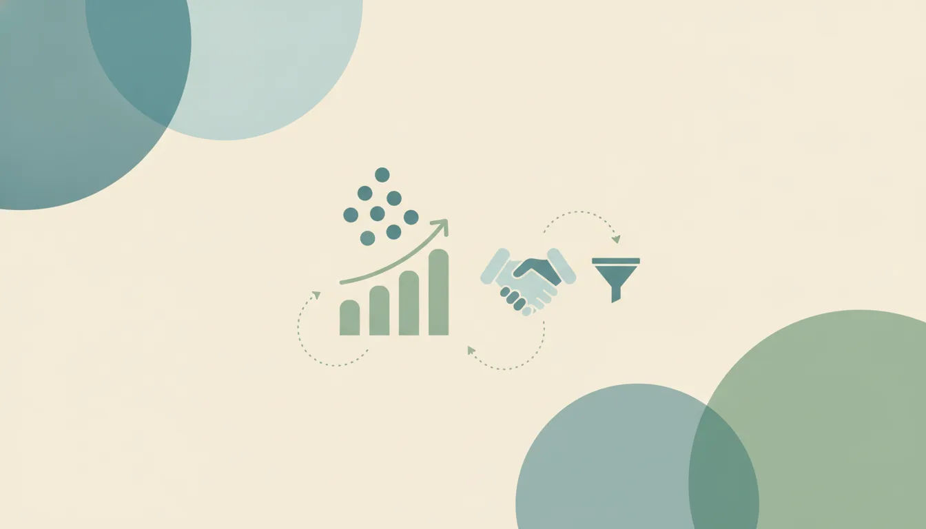 Flat illustration of a cluster of dots above a rising bar chart, a handshake and a sales funnel