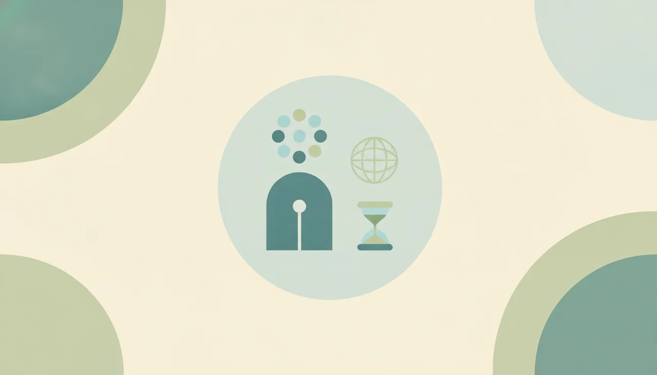 A cluster of small round dots above a closed gate, beside a globe and an hourglass
