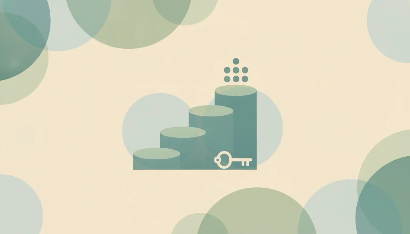 Three rising steps with a key resting on the lowest step and a cluster of small dots on the top step
