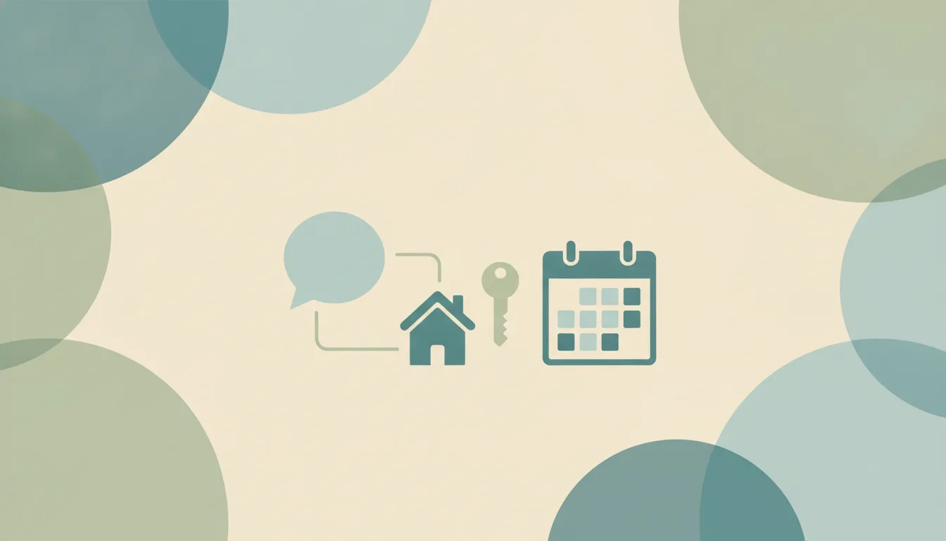 A chat bubble linked by a thin line to a small house, a key and a calendar grid, representing ChatGPT connected to rental management software