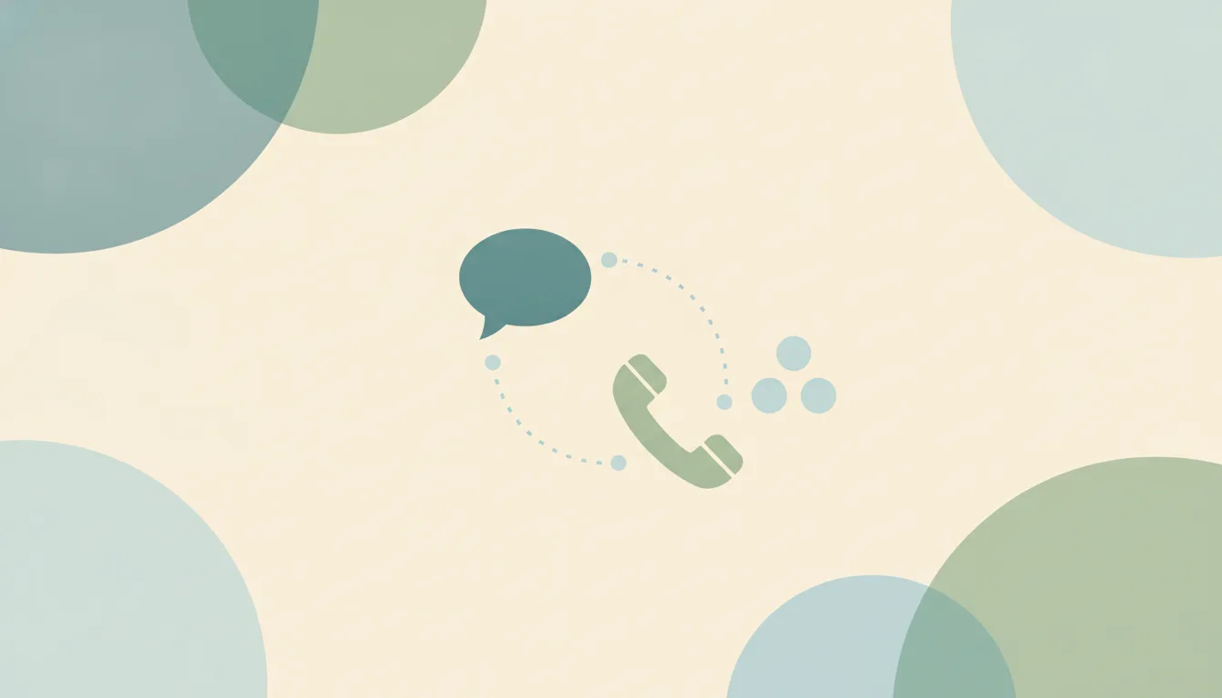An illustration of a chat bubble linked by dotted arcs to a desk telephone handset and a cluster of three small circles, representing ChatGPT connected to RingCentral calls, texts and team chat