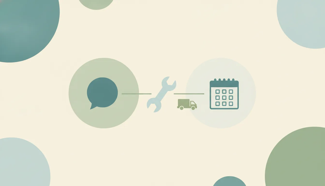 A chat bubble linked by a thin line to a wrench, a service van and a calendar grid, representing ChatGPT connected to field-service software
