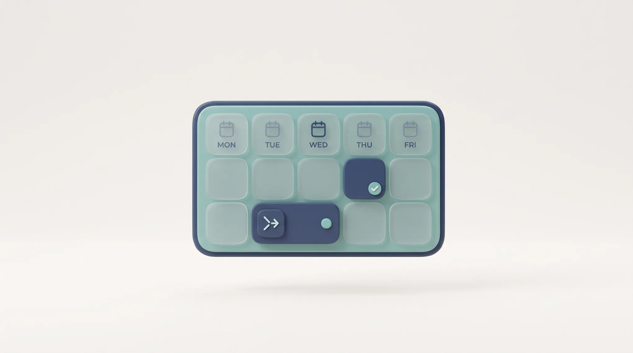 A weekly calendar with a booking-link chip and a confirmed slot, representing a scheduling tool