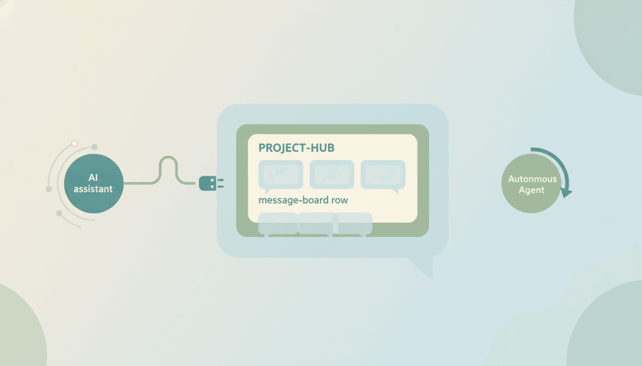 Claude assistant panel querying project to-dos via MCP, alongside an autonomous agent updating tasks on its own