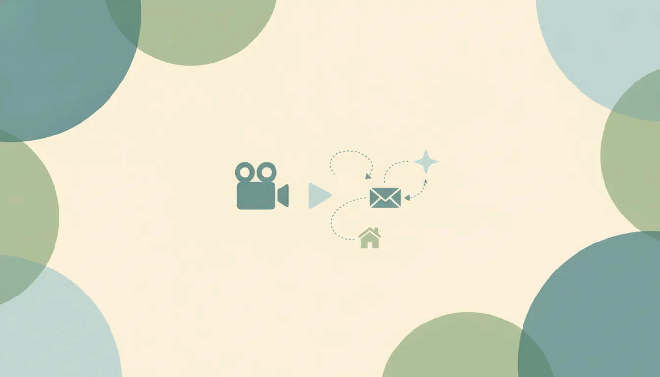 A video camera and a play button shape linked by curved dotted lines to a closed envelope, a small house and a soft starburst, over large layered translucent circles