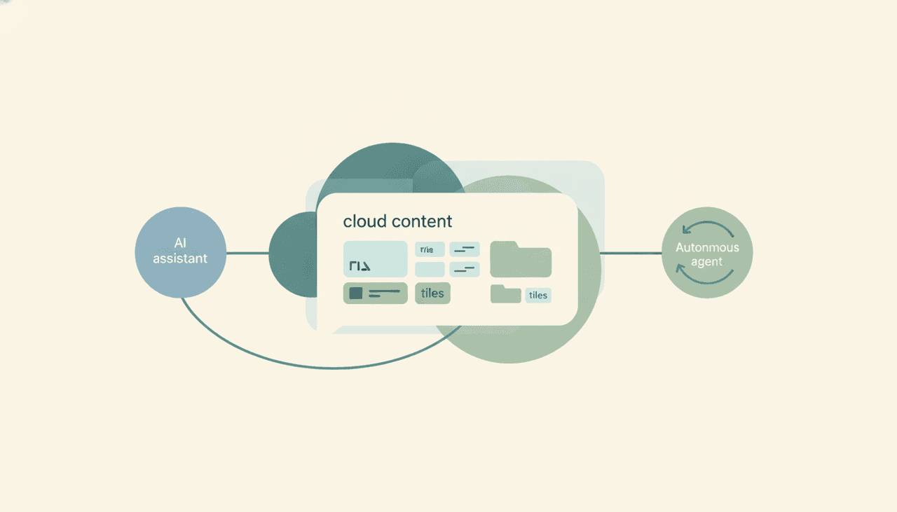 Claude assistant panel searching cloud files, alongside an autonomous agent icon filing documents on its own