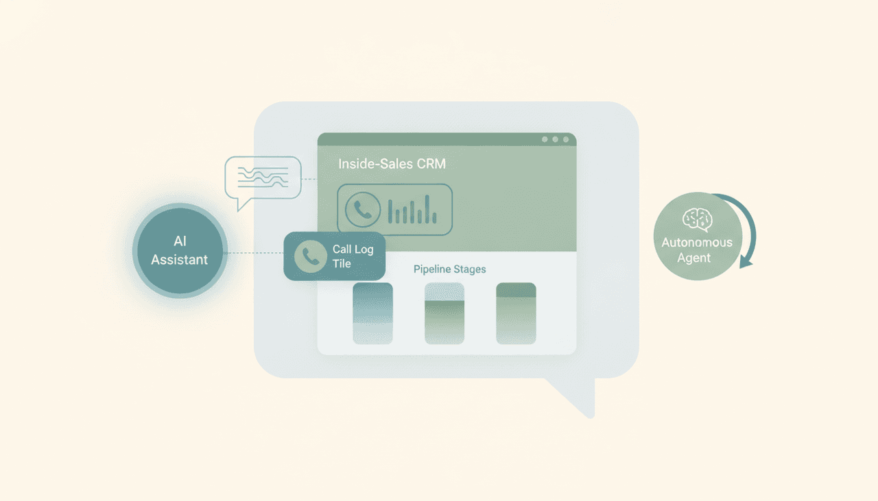 Claude assistant panel reading a sales pipeline and call activity, alongside an autonomous agent icon updating a CRM on its own
