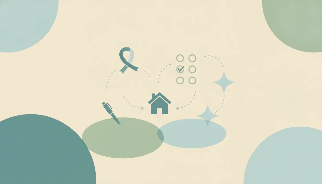 A small house and a looping ribbon shape linked by curved dotted lines to a checklist of three empty circles, a pen and a soft starburst, over large layered translucent circles