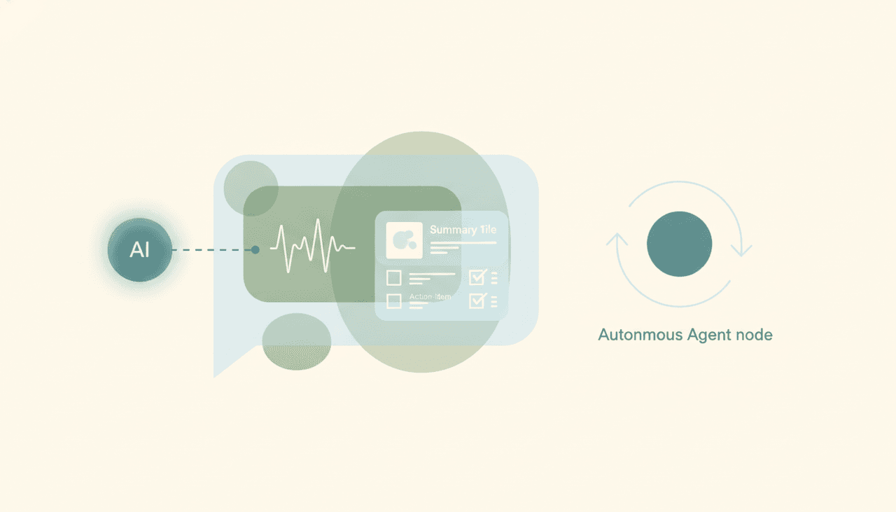 Claude assistant panel reviewing a recorded call summary, alongside an autonomous agent icon acting on it on its own