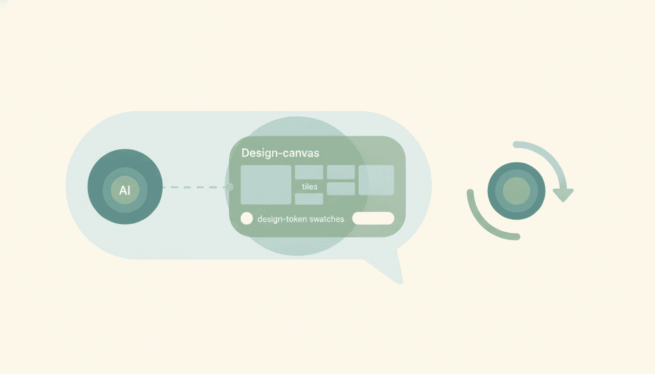 Claude assistant panel turning a design file into code, alongside an autonomous agent icon acting on design updates on its own