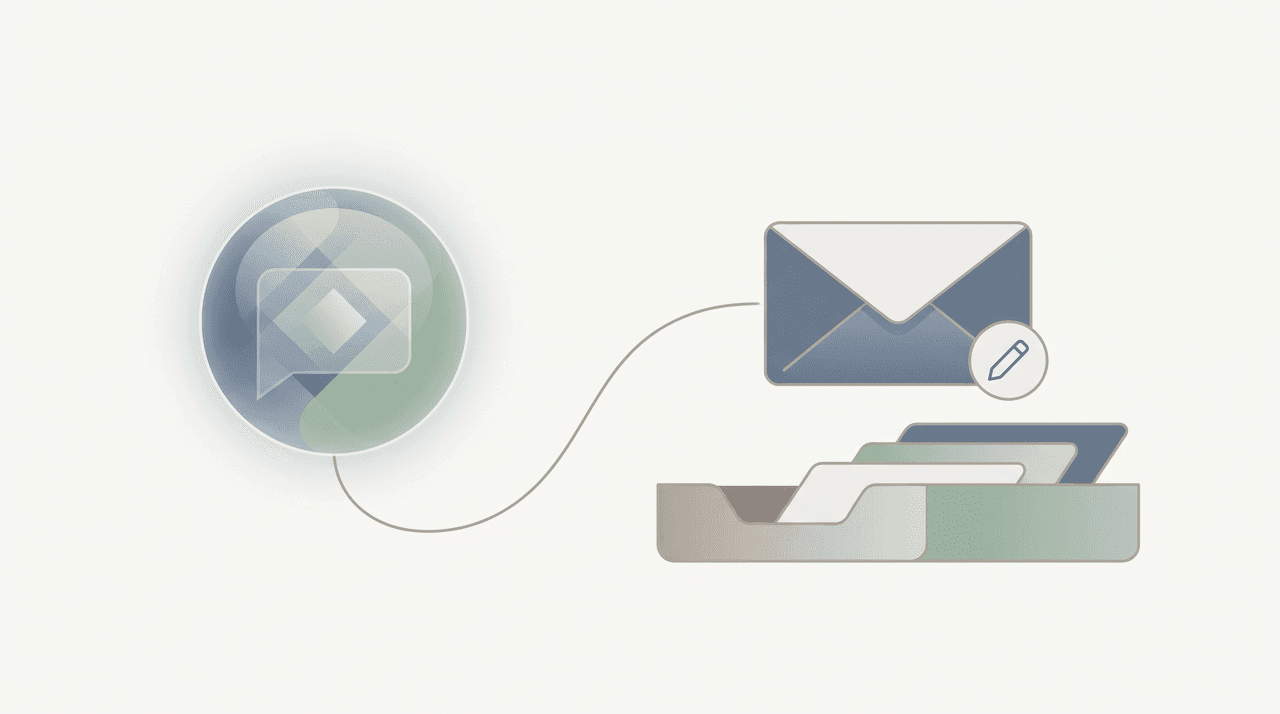 Abstract AI assistant orb connected to an email envelope with a draft icon, representing Claude drafting Gmail messages