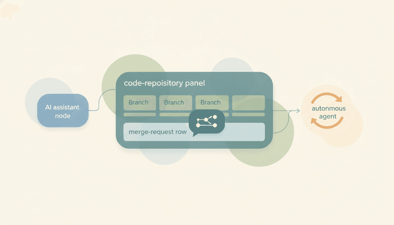 Claude assistant panel reading merge requests and pipelines, alongside an autonomous agent icon acting on repository events on its own