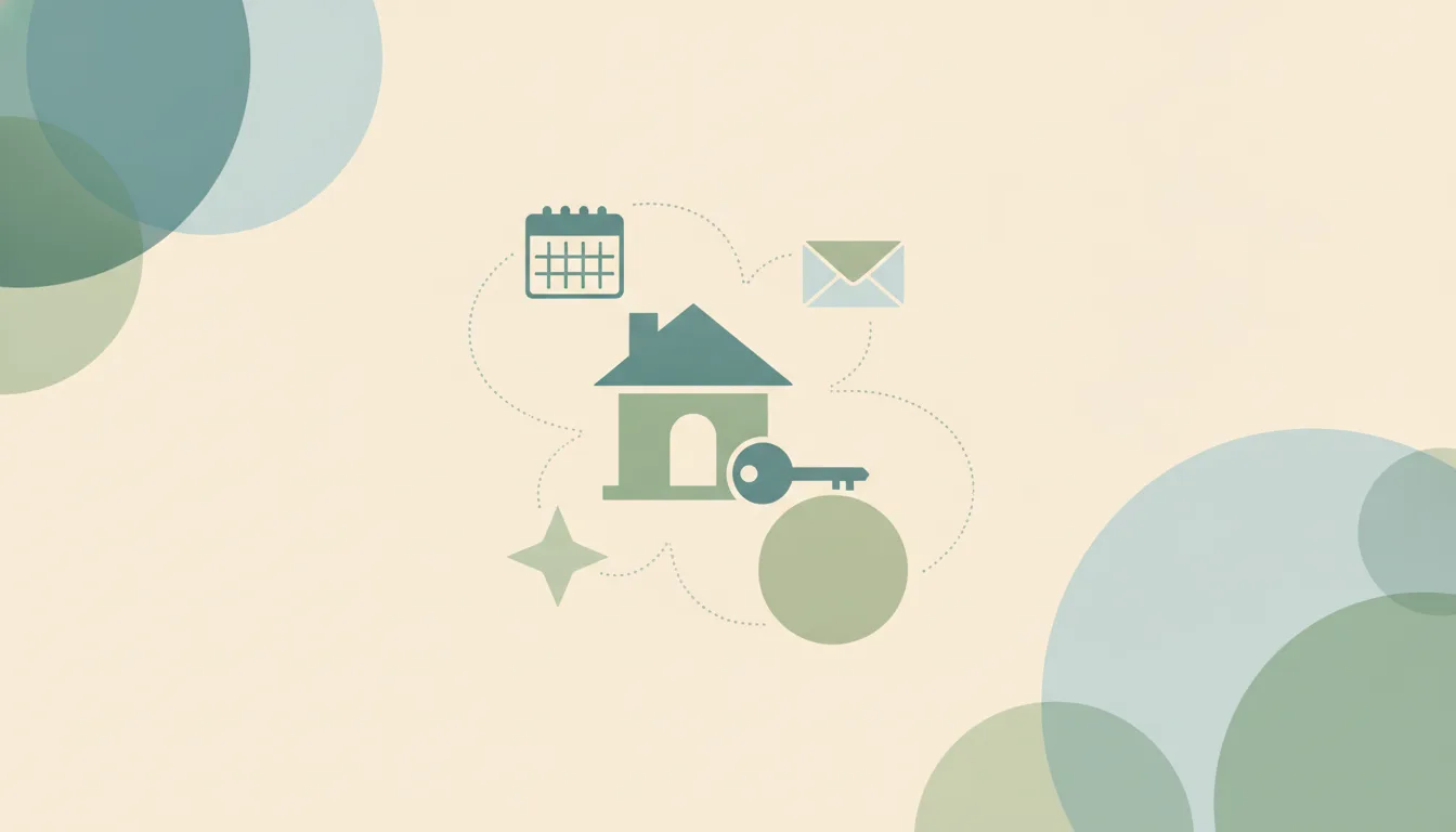 A small villa shape with a door key linked by curved dotted lines to a calendar grid, an envelope and a soft starburst, over large layered translucent circles