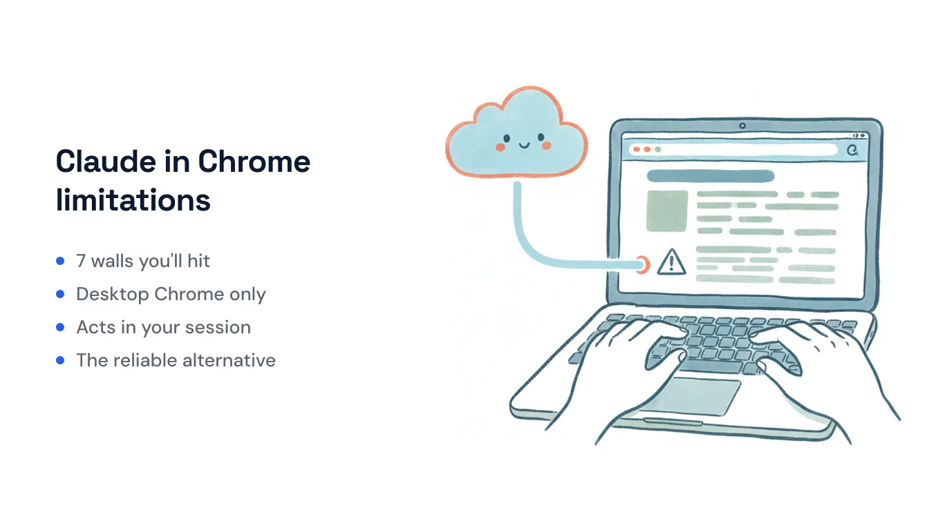 Claude in Chrome browser extension icon behind a set of warning barriers and permission prompts