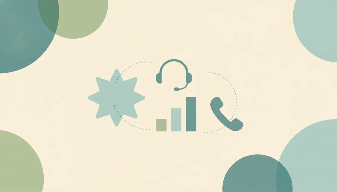 An illustration of a soft starburst linked by dotted arcs to a headset, a small rising bar chart and a phone handset, representing Claude connected to JustCall calls, texts and dialer stats