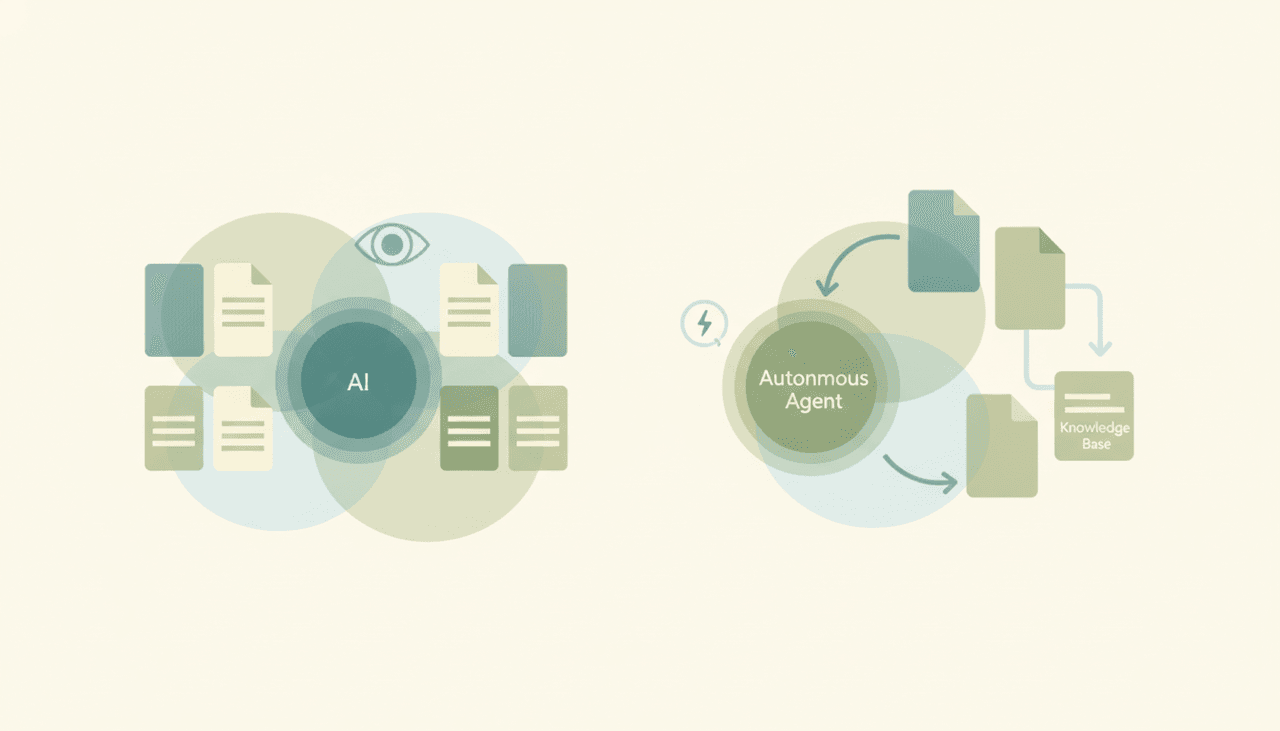 Claude answering from pasted documents next to an AI agent that keeps an internal knowledge base updated automatically