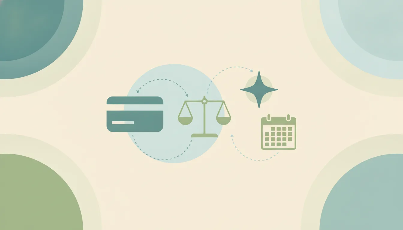 A rounded card shape and a balance scale linked by curved dotted lines to a soft starburst and a calendar grid, over large layered translucent circles