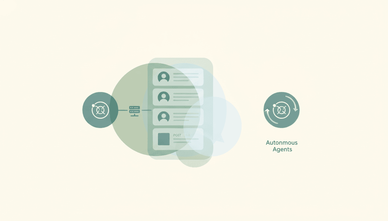 Claude assistant panel drafting a professional update, alongside an autonomous agent posting and following up on its own