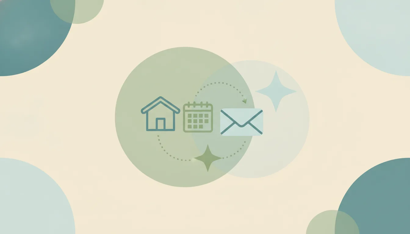 A small beach house shape with a calendar grid and an envelope, linked by curved dotted lines to a soft starburst, over large layered translucent circles