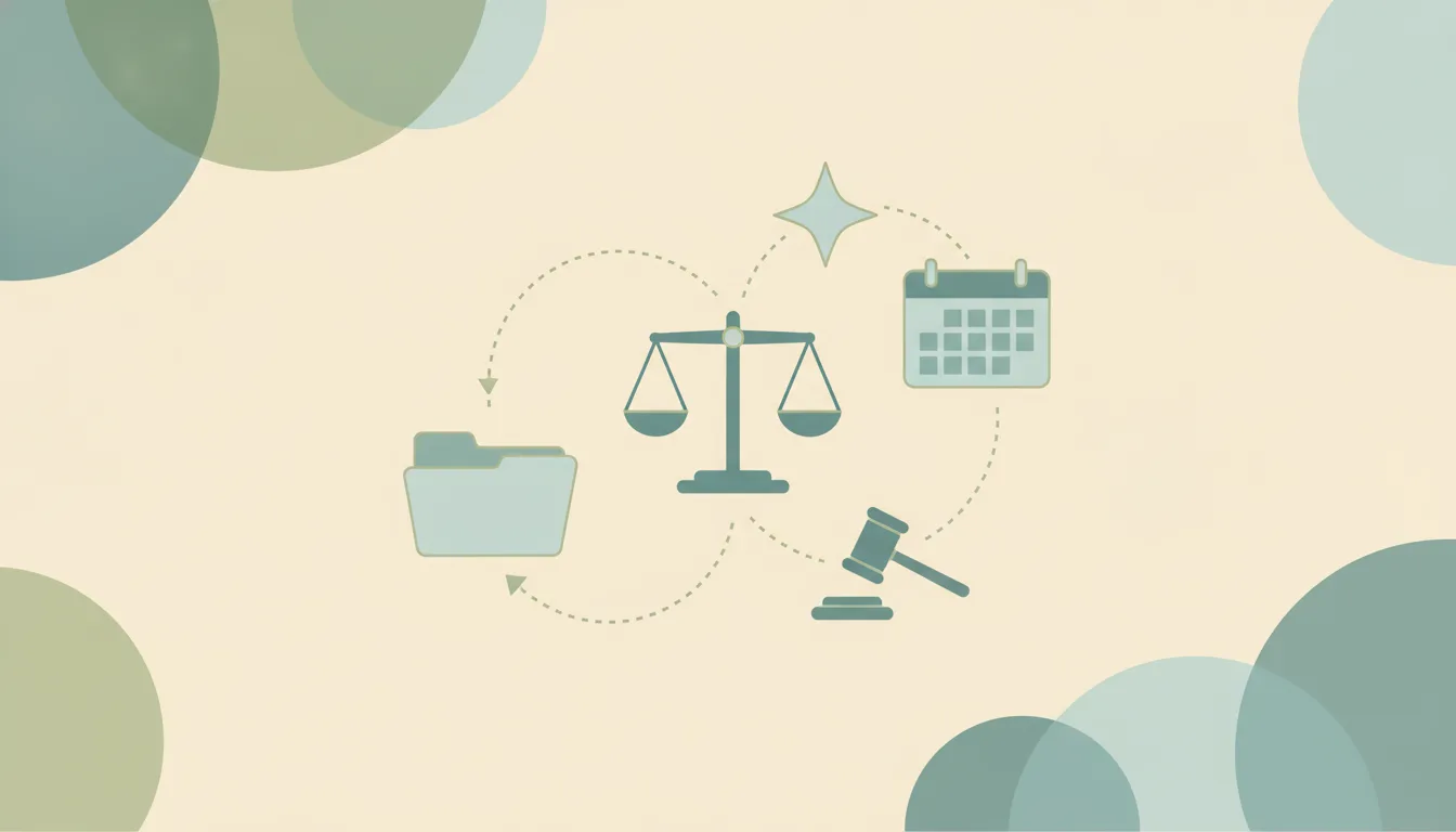 A balance scale and a folder shape linked by curved dotted lines to a calendar grid, a gavel and a soft starburst, over large layered translucent circles