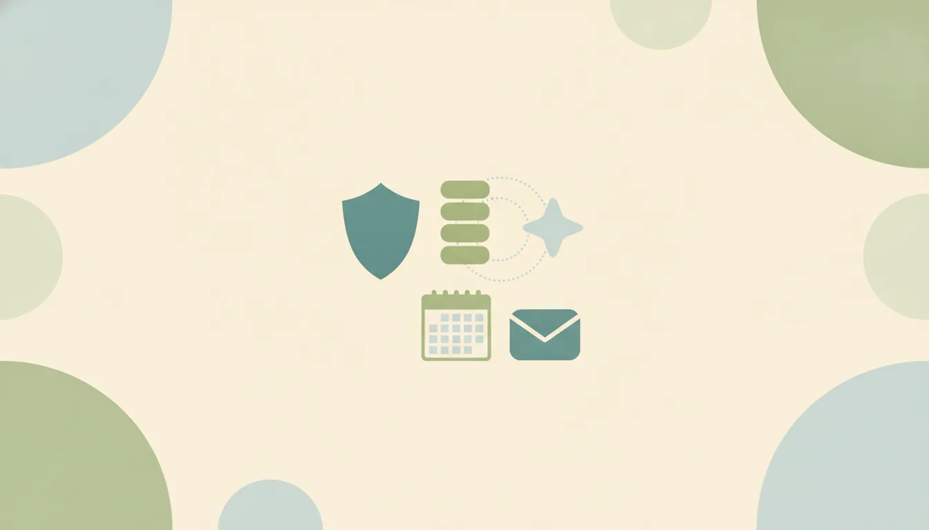 A shield shape and a stack of rounded tiles linked by curved dotted lines to a soft starburst, a calendar grid and an envelope, over large layered translucent circles