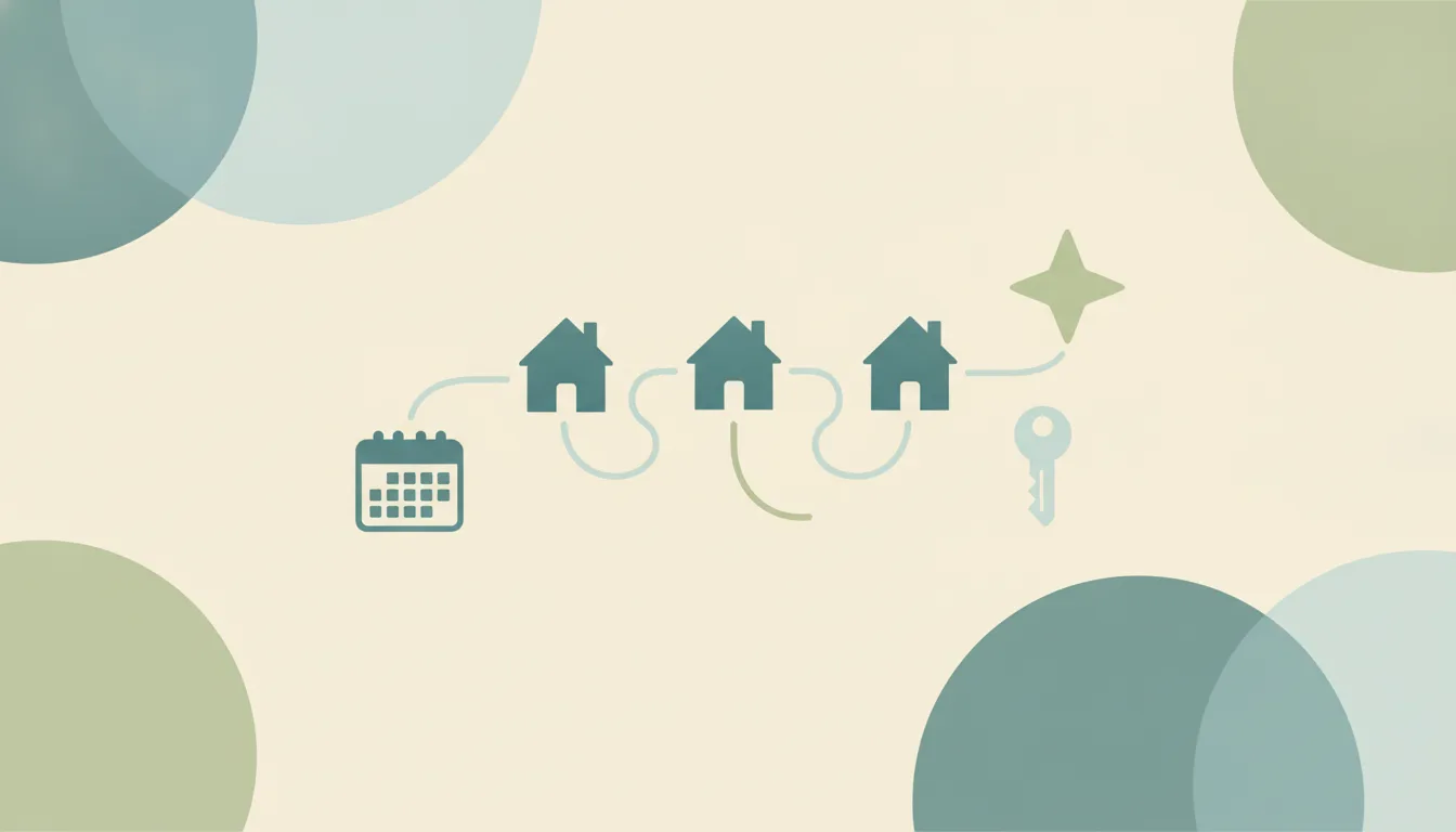 A row of three small house shapes linked by curved lines to a soft starburst, a key and a calendar grid, over large layered translucent circles