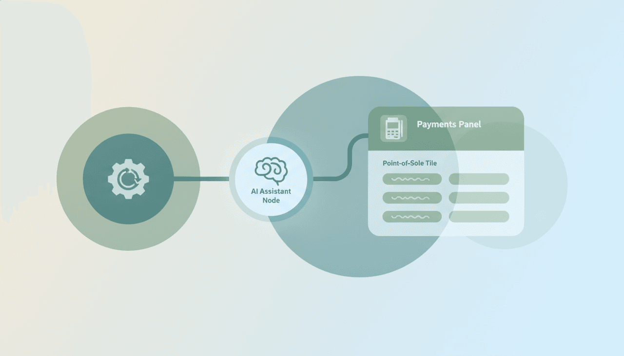 Claude assistant panel analyzing payment and point-of-sale data, alongside an autonomous agent icon acting on transactions on its own