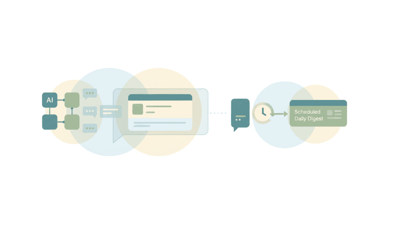 Claude summarizing a pasted email thread in chat beside an agent delivering an automatic daily inbox briefing