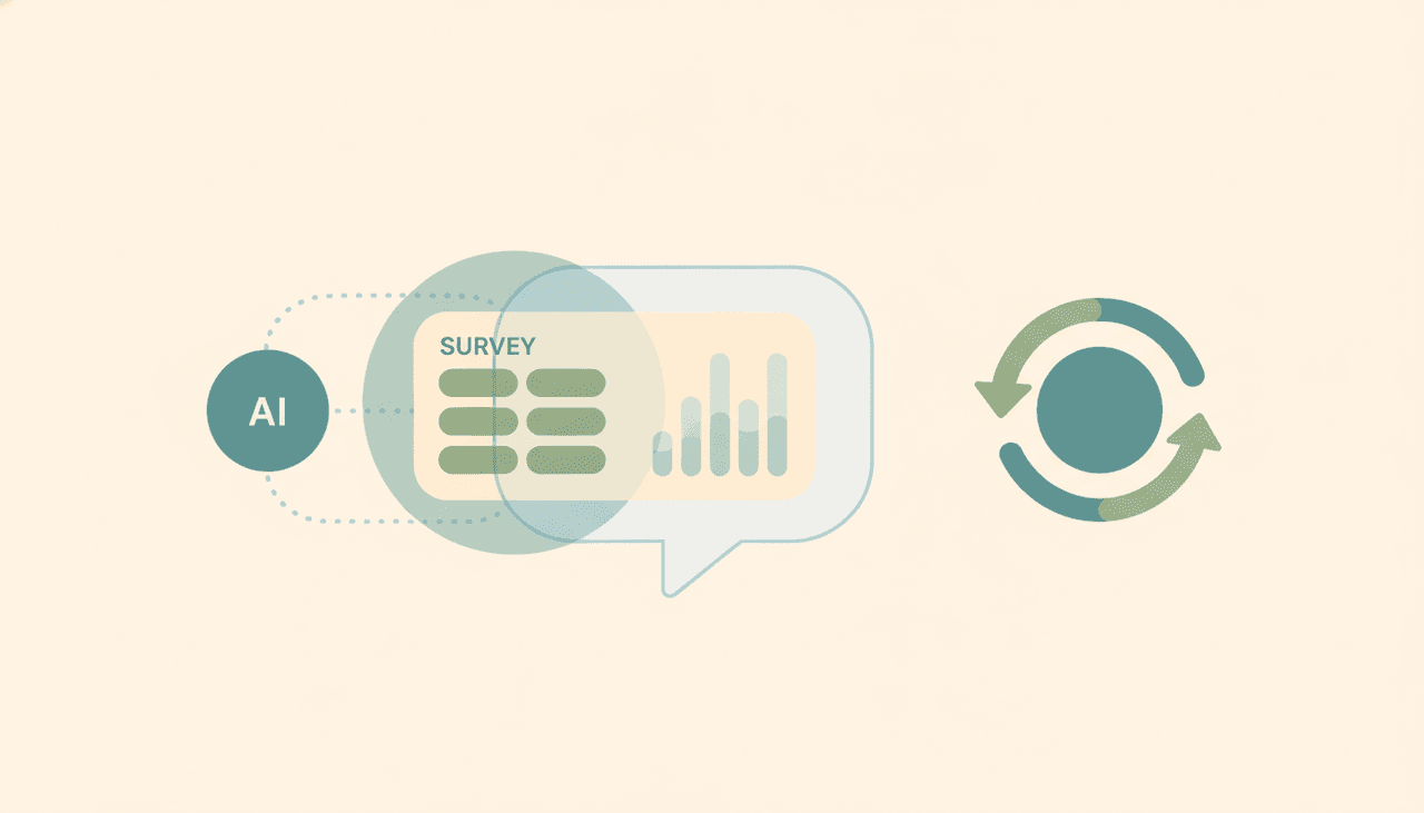Claude assistant panel designing a survey and charting results, alongside an autonomous agent icon acting on new responses on its own