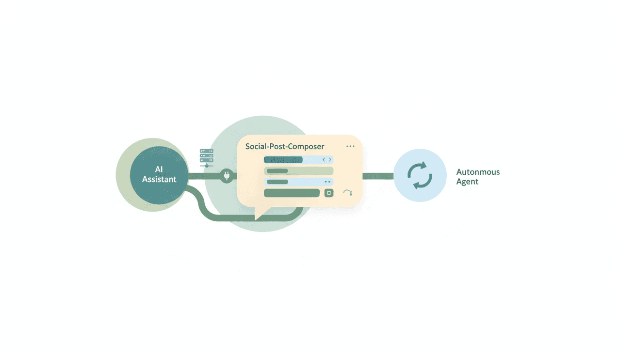 Claude assistant panel drafting social posts and a thread, alongside an autonomous agent scheduling and sending posts on its own