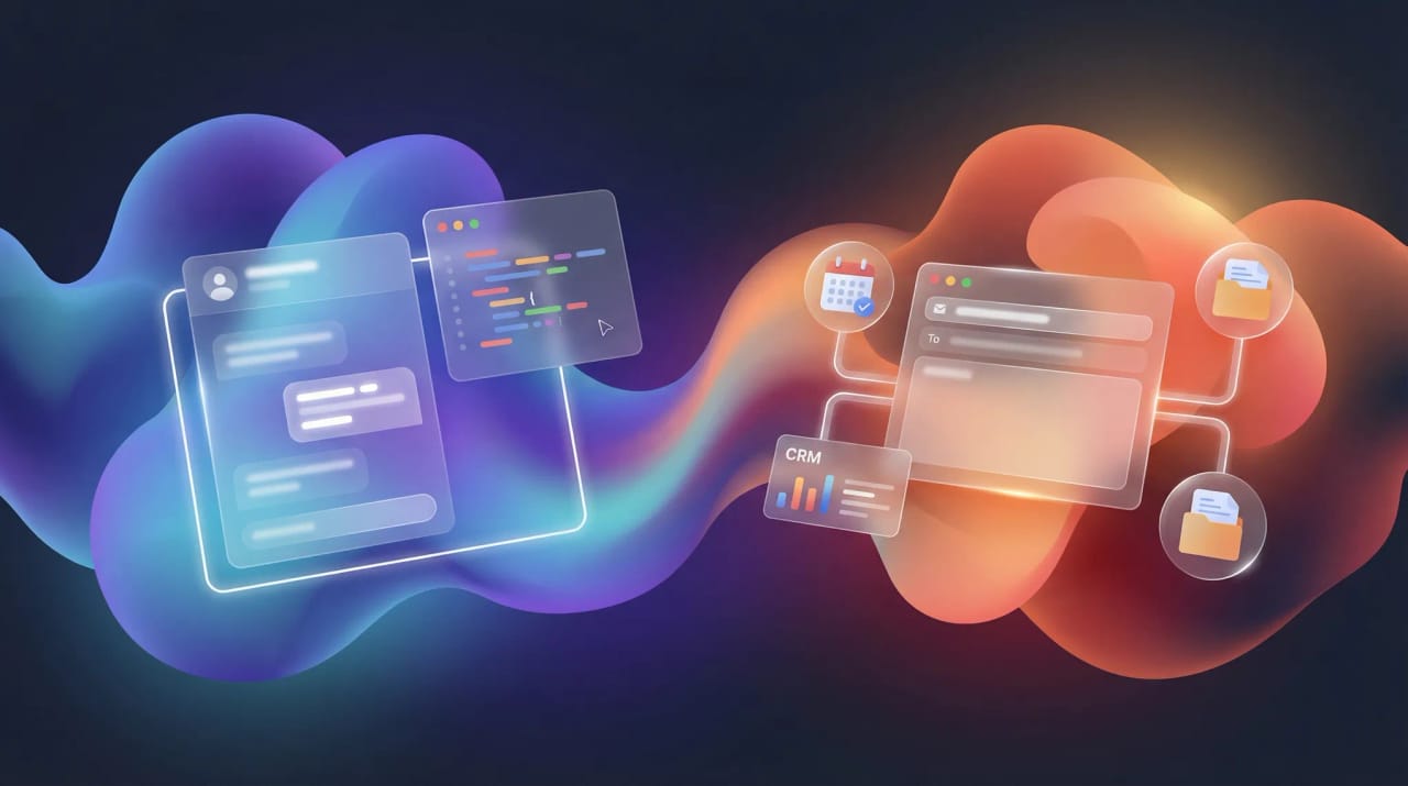Side-by-side comparison of Claude's chat interface and Carly's email assistant with shared AI power flowing between them