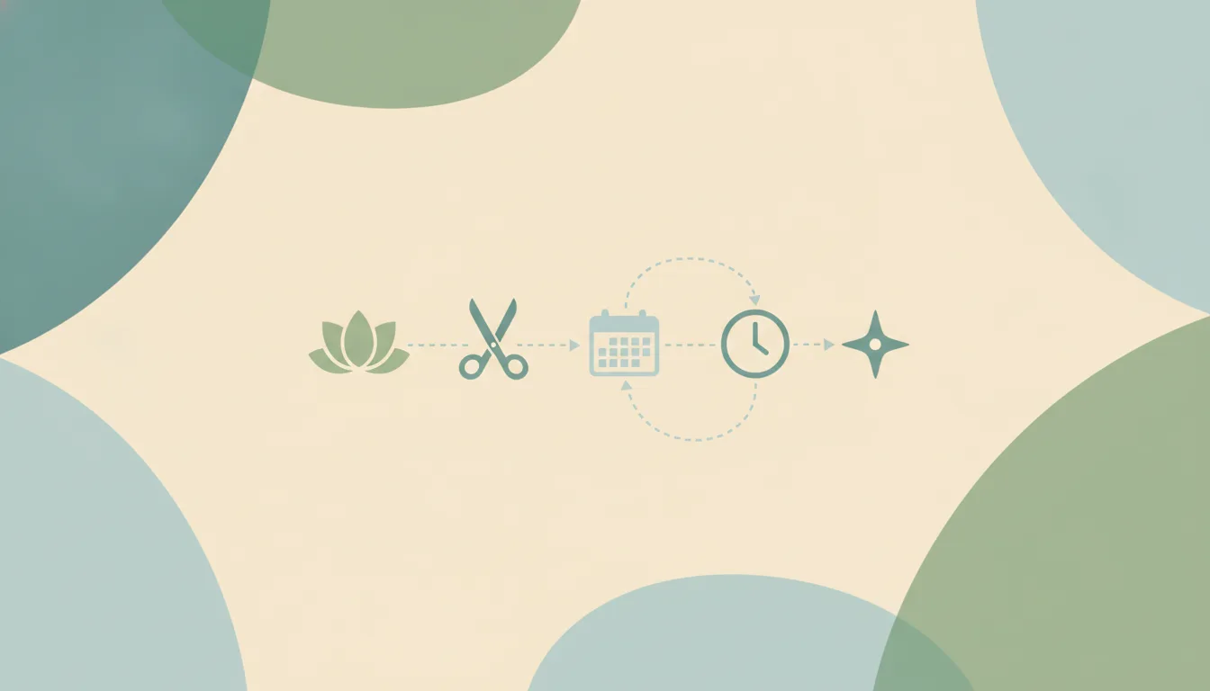 A lotus flower and a pair of scissors linked by curved dotted lines to a calendar grid, a clock face and a soft starburst, over large layered translucent circles