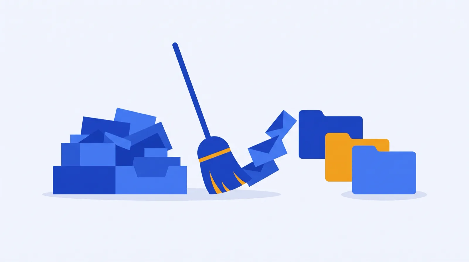 A cluttered inbox being swept into tidy folders by a broom, with an unsubscribe button and a stack of newsletters