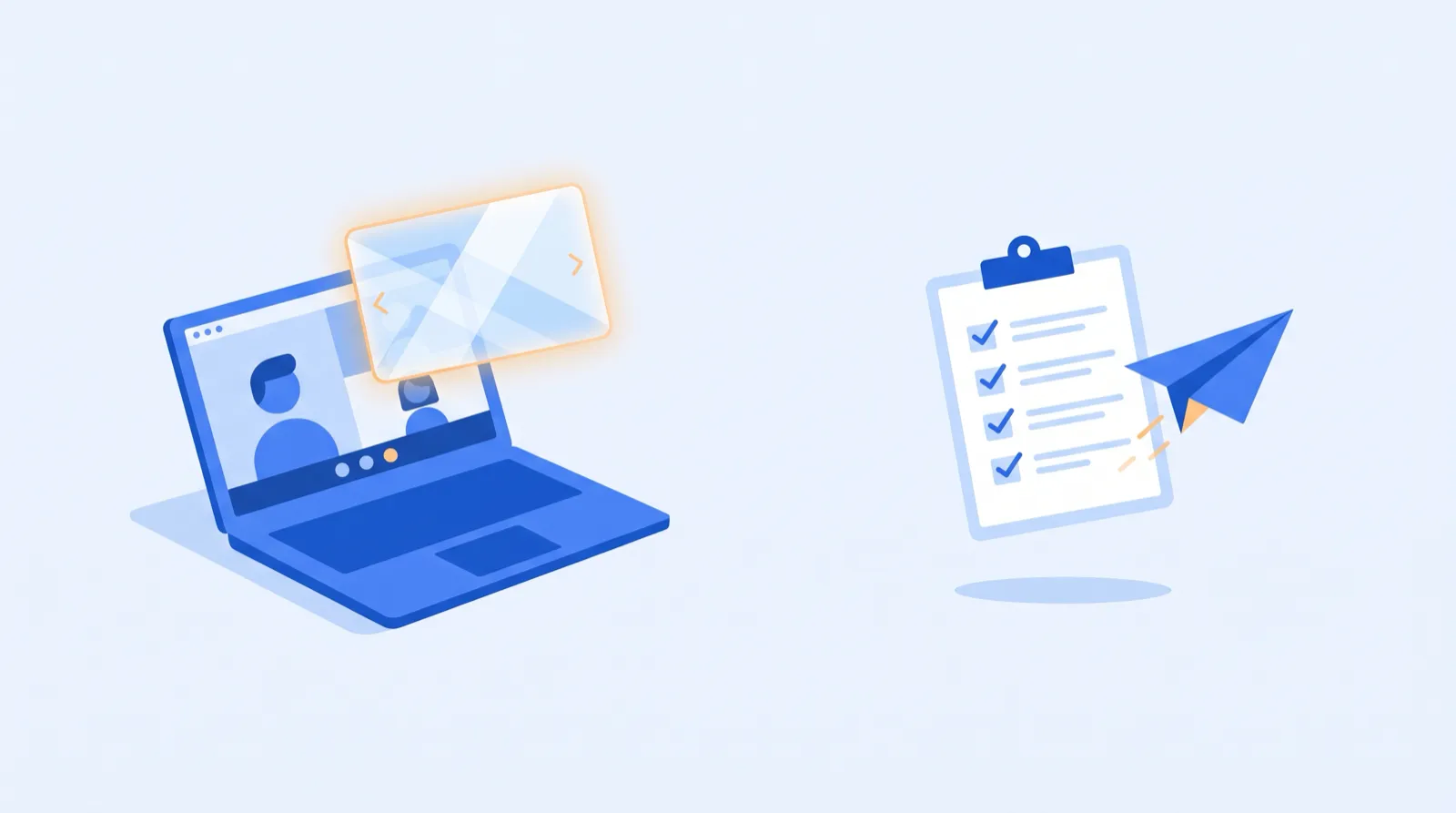 Laptop on a video call with a translucent AI overlay fading out, surrounded by icons for meeting notes, calendar, and follow-up email