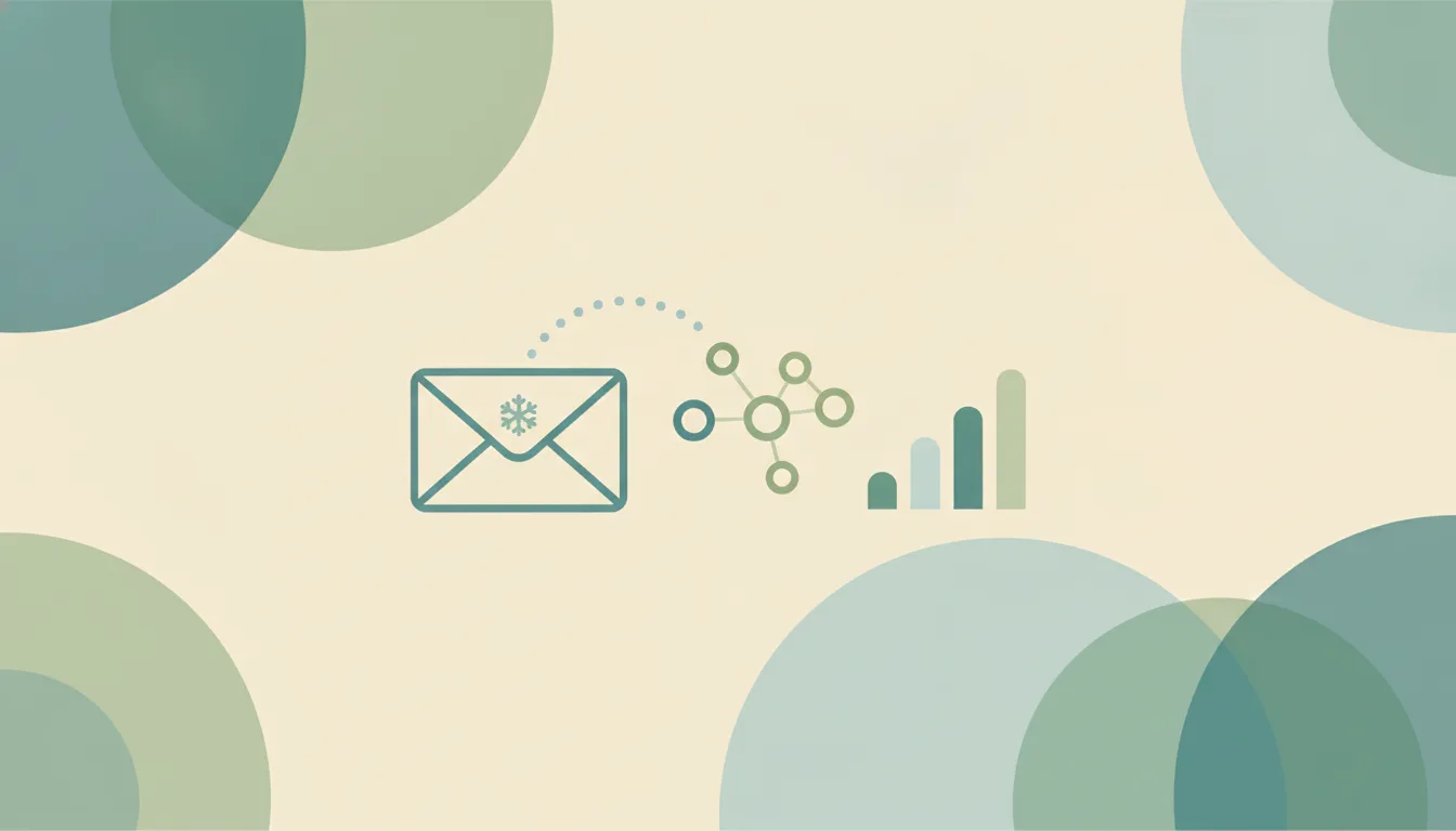 Abstract chart of outbound envelopes thinning out on their way to an inbox, representing cold email reply and deliverability statistics