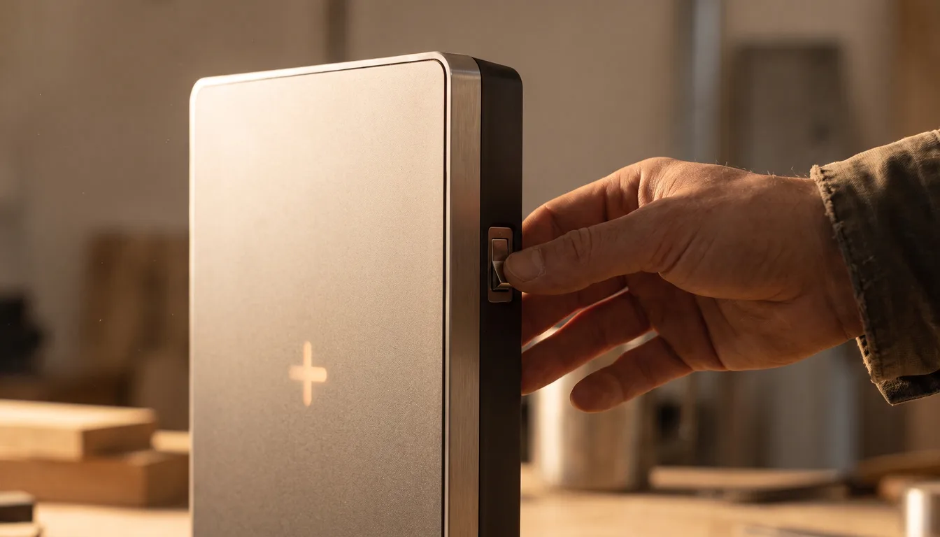 A hand reaching past a blank panel to flip a hidden switch, revealing a plus button that was not there before
