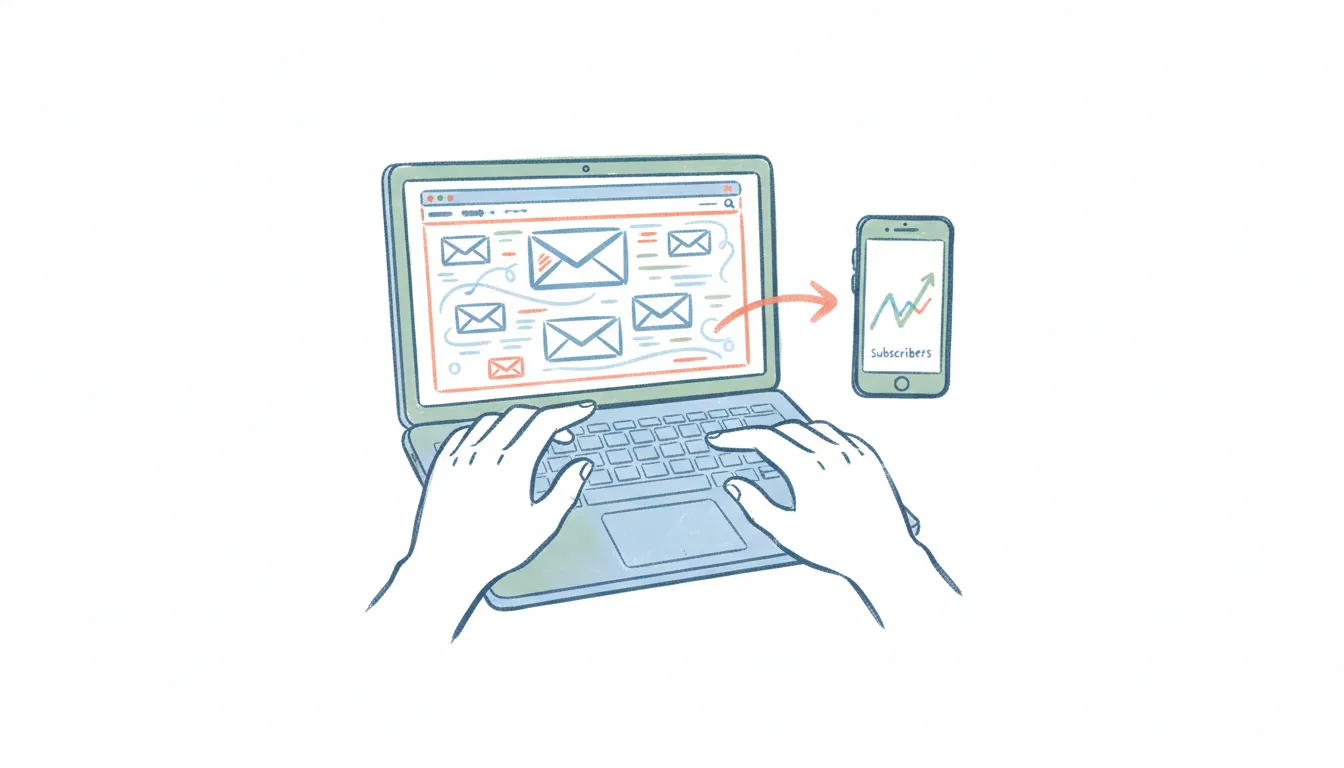 Illustration of email campaign dashboards and contact list icons arranged beside a rising price chart, with alternative email-marketing app logos alongside