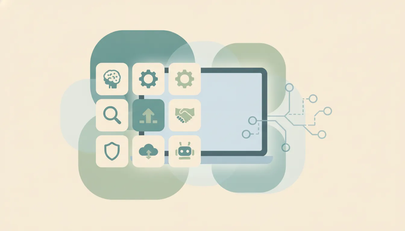 Grid of AI agent app icons arranged around a laptop and workflow diagram representing Convey alternatives