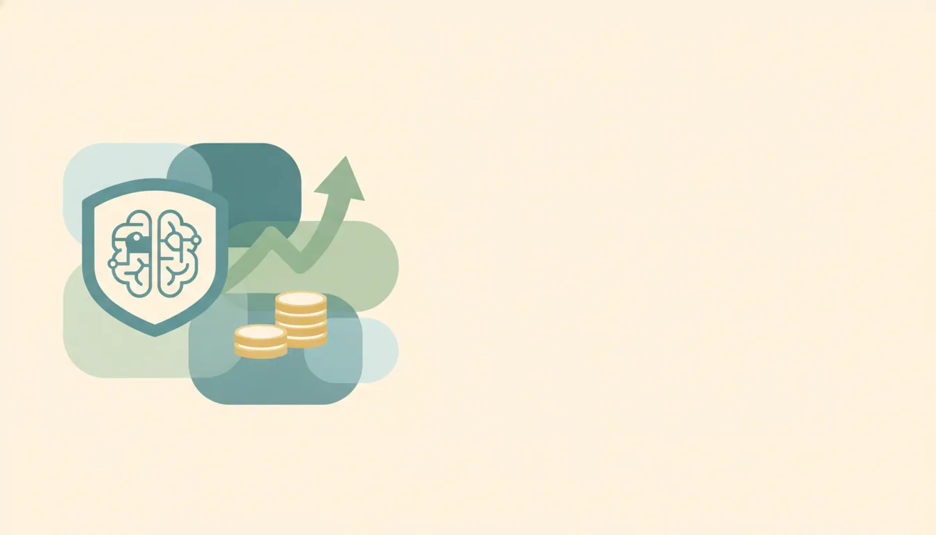 Stylized AI worker badge beside an ascending growth arrow and stacked coins representing a startup funding milestone