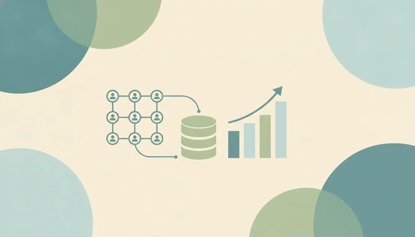 Grid of person icons linked to a database cylinder beside a rising bar chart, representing customer records feeding CRM growth