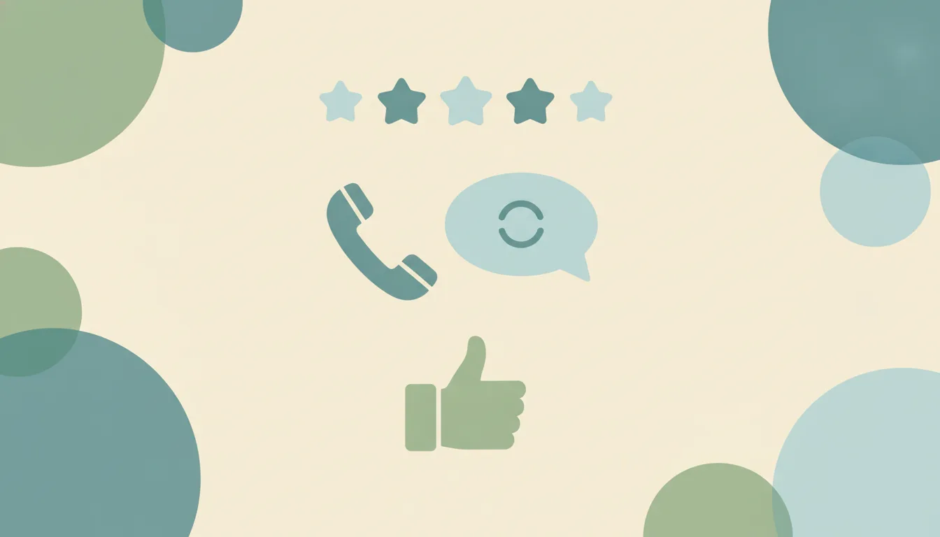 A row of five rating circles, a chat bubble and a phone handset joined by a curved arrow on a cream background