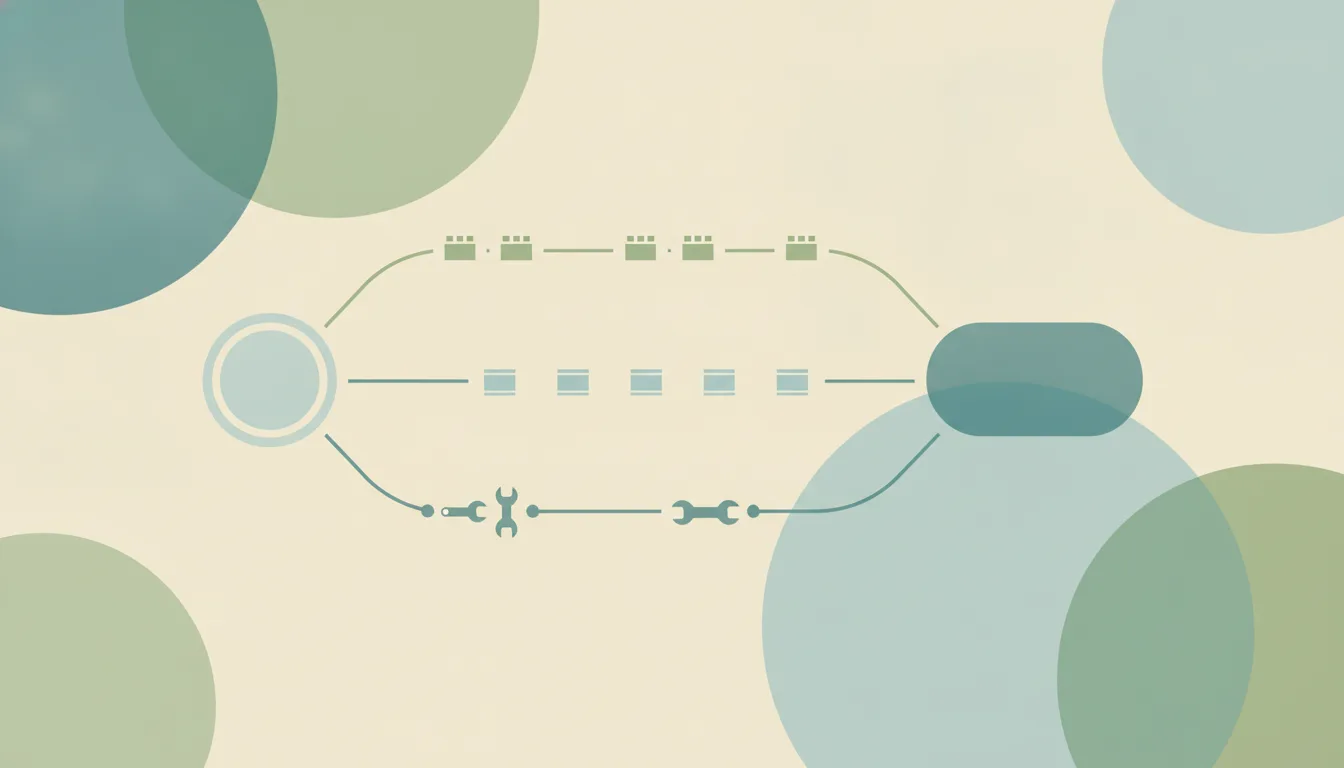 Three curved paths leading from a starting point to a single rounded agent tile, one path lined with building blocks, one with a box, one with a wrench, over soft layered circles