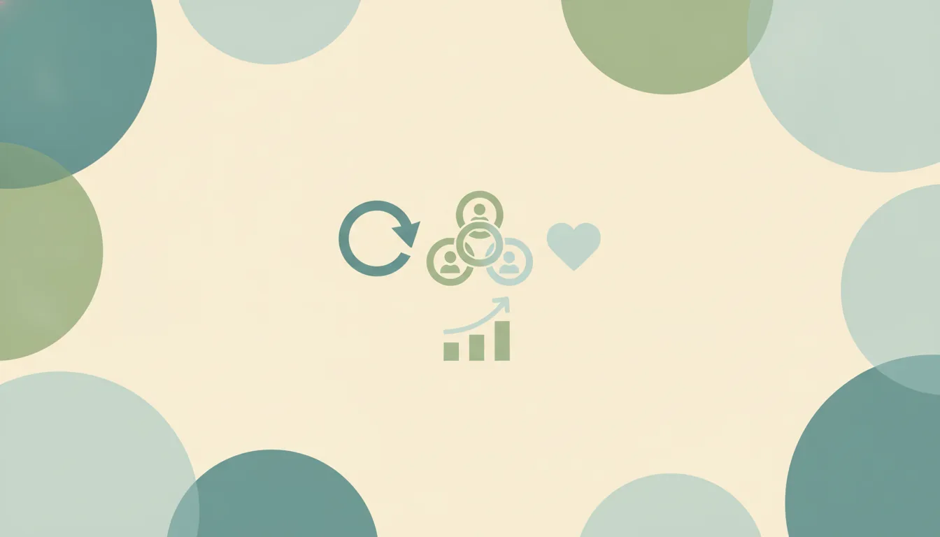 Abstract circular loop arrow around a cluster of person icons with a heart and a small rising bar chart, representing customer retention and loyalty statistics